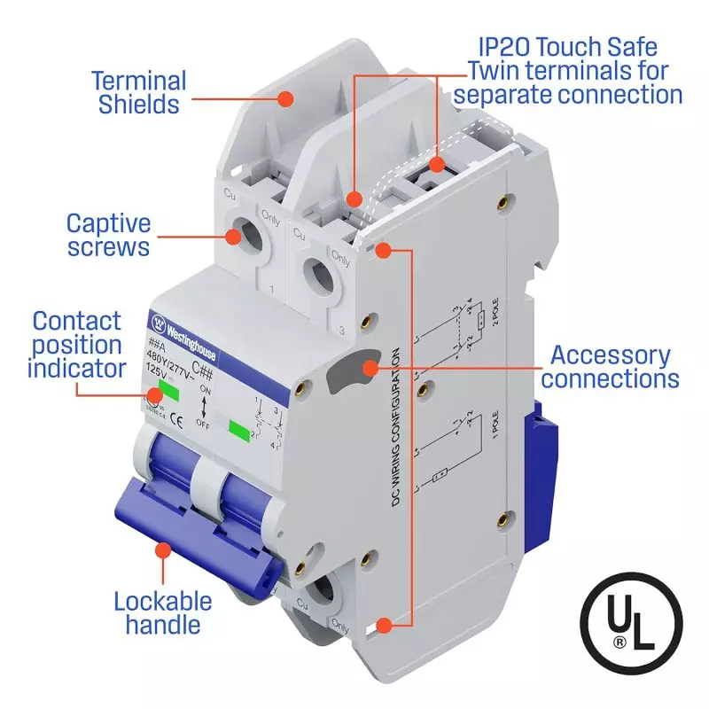 Detailed view of Westinghouse circuit breaker showing terminal shields, IP20 touch-safe terminals, captive screws, accessory connections, contact position indicator, and lockable handle with UL certification.
