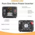 Diagram of a 5000W 24V Pure Sine Wave Power Inverter highlighting features such as LCD display, USB ports, power switch, and cooling fan