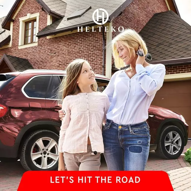 Mother and child smiling in front of their red SUV and brick house, ready for a road trip, with HELTEKO logo visible