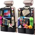 Car seat organizers with toys,   snacks,   and drinks for kids in a car