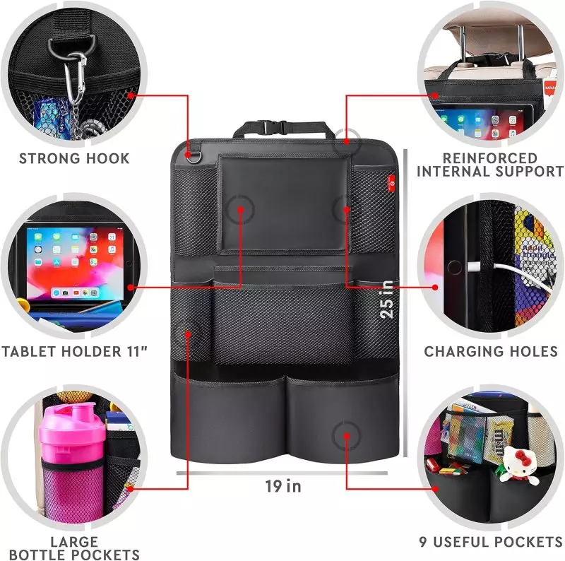 Car Seat Back Organizer with Tablet Holder and Multiple Pockets Car back seat organizer featuring a tablet holder, large bottle pockets, and multiple storage compartments