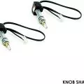 Two cylindrical knob shafts with metallic screw threads and black connector cables used in electronic devices