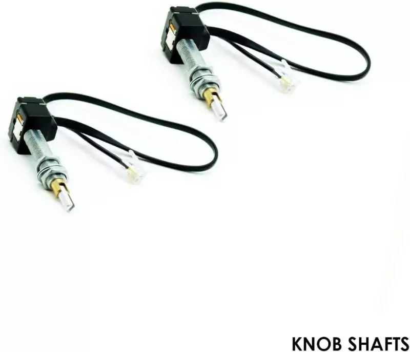 High-Quality Electronic Knob Shafts with Cables Two cylindrical knob shafts with metallic screw threads and black connector cables used in electronic devices
