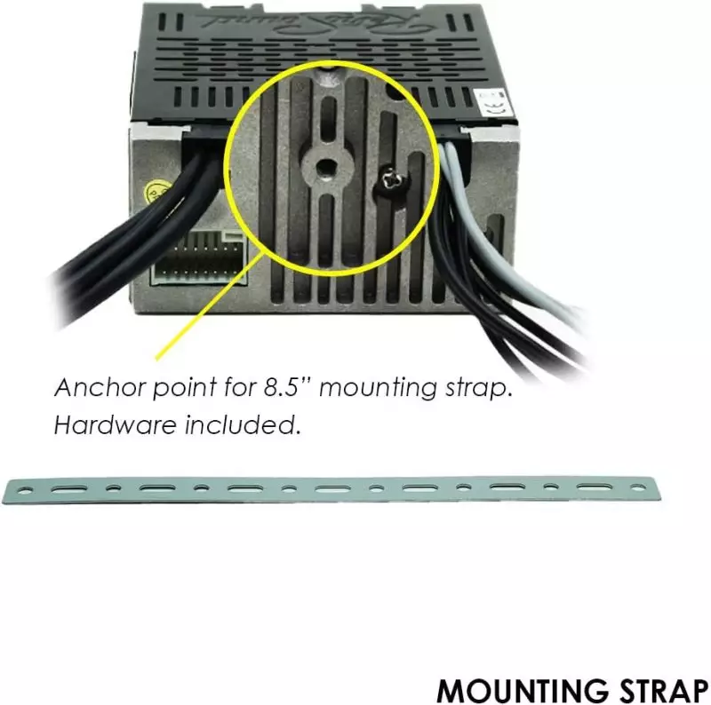 Secure Device with Included 8.5-Inch Mounting Strap and Hardware Electronic device with cables connected, featuring an 8.5-inch mounting strap anchor point and included hardware illustration