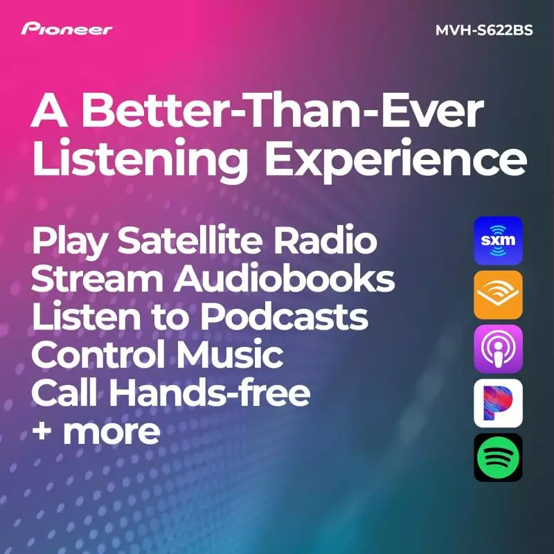 Pioneer MVH-S622BS Car Stereo: Enhance Your Audio Experience Pioneer MVH-S622BS car stereo offers better audio experience with features like satellite radio and hands-free calling, compatible with services like SiriusXM, Audible, and Spotify.