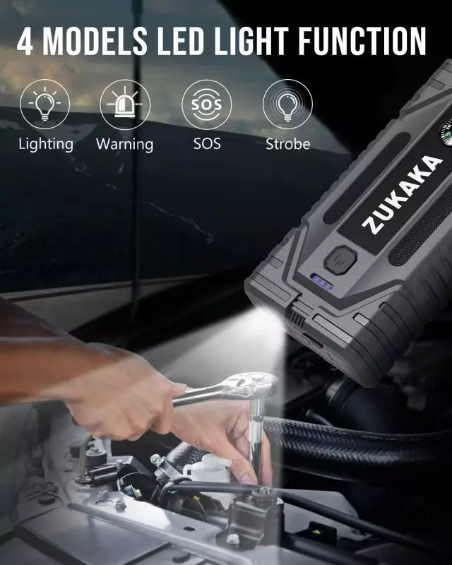 Portable ZUKAKA LED Light for Car Repair Person using a ZUKAKA portable LED light under the hood of a car, showing its functionality in automotive repair with Lighting, Warning, SOS, and Strobe modes.