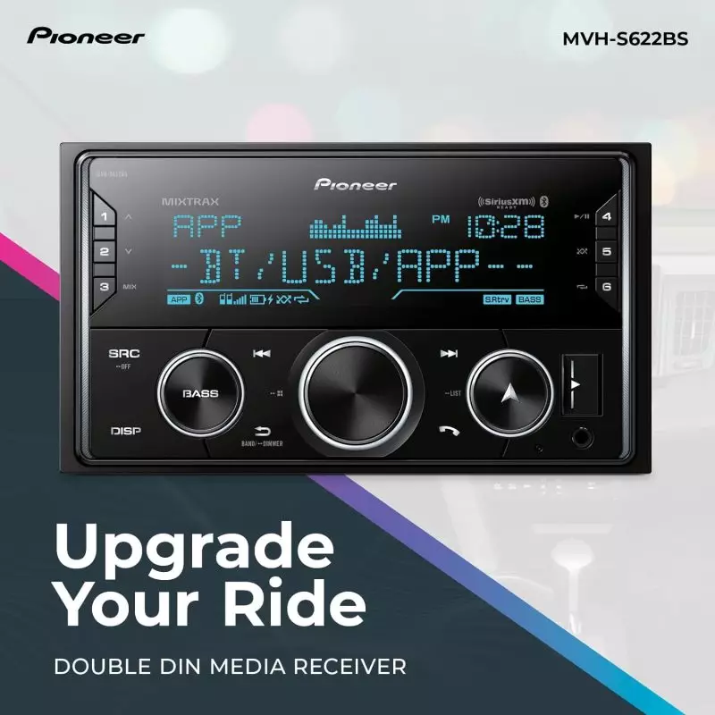 Enhance Your Car Audio with Pioneer MVH-S622BS Receiver Pioneer MVH-S622BS Double DIN Media Receiver with display showing media options like USB and APP