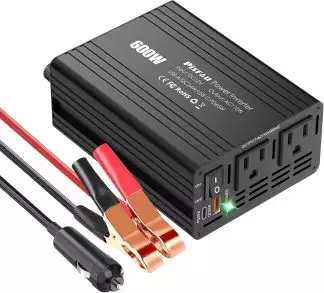 600W power inverter with two outlets and USB ports, includes cables and clamps for car battery connection