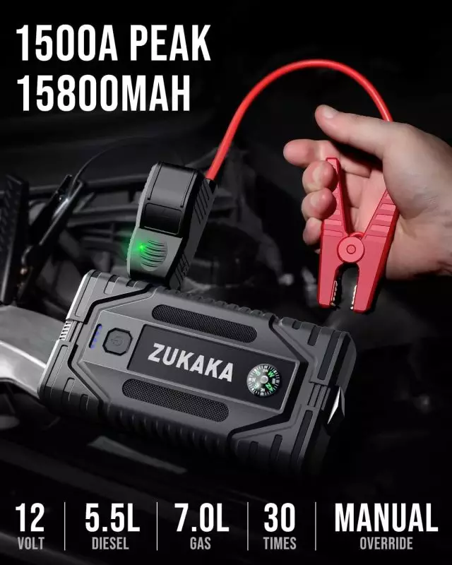 Zukaka 1500A Portable Car Jump Starter for 7.0L Gas and 5.5L Diesel Engines Zukaka portable car jump starter with 1500A peak current, suitable for jump-starting 12V batteries in large gas and diesel engines