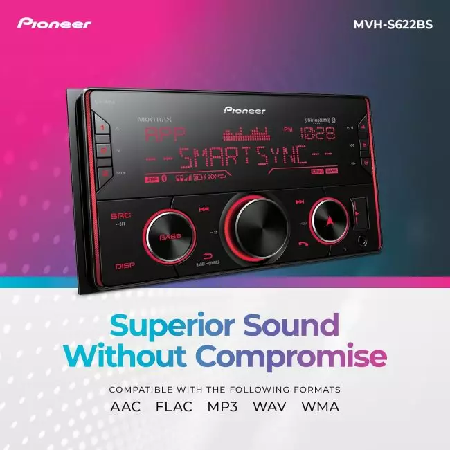 Pioneer MVH-S622BS car stereo with digital display, featuring superior sound quality and compatibility with AAC, FLAC, MP3, WAV, and WMA audio formats.