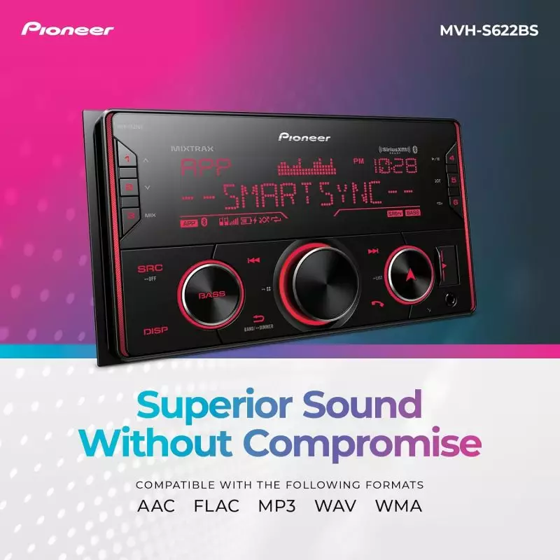 Pioneer MVH-S622BS Car Stereo – Superior Sound & Versatile Audio Compatibility Pioneer MVH-S622BS car stereo with digital display, featuring superior sound quality and compatibility with AAC, FLAC, MP3, WAV, and WMA audio formats.
