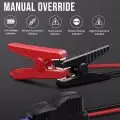 Red and black smart jumper cable clamps featured with safety indicators for automotive battery