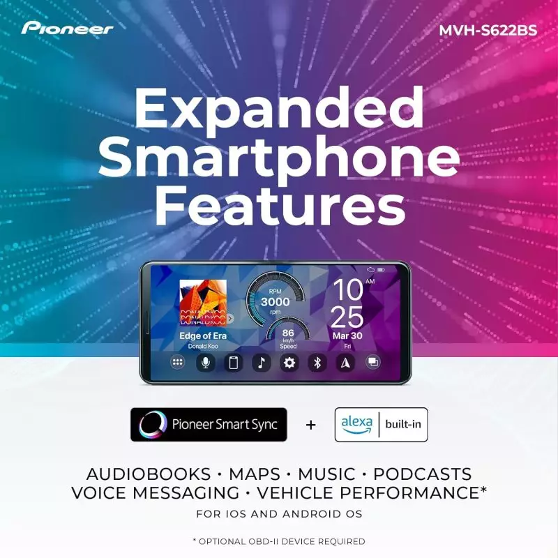Pioneer Car Audio with Smartphone Integration and Alexa Pioneer smartphone integration system for vehicles with Alexa, displaying a smartphone interface showing media, RPM, speed, time, and date
