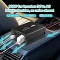 600W car power inverter plugged into a car power outlet with two AC 110V outlets,   a PD 65W USB-C port,   and a QC 24W USB-C port,   featuring a built-in silent fan