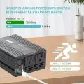 Power inverter with fast charging,   dual AC outlets,   USB-C PD 65W,   USB-A QC 24W,   on/off switch,   charging a MacBook Pro 13