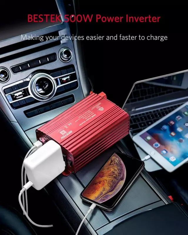 500W Power Inverter for Efficient In-Car Device Charging 500W Power Inverter positioned on car console charging smartphone and tablet