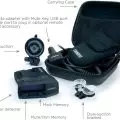 Uniden R8 Radar Detector package, includes carrying case, cigarette adapter, single and dual-suction brackets