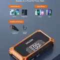 ASTUON power bank advertisement showing LCD display and compatibility with various devices