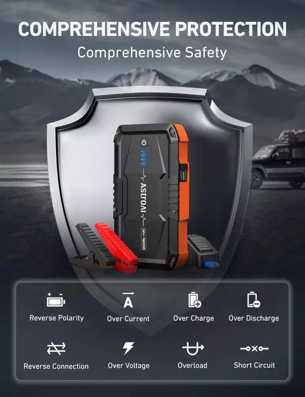 Portable Jump Starter for Vehicles with Multi-Protection Features Portable vehicle jump starter with cables attached, set against a mountainous backdrop, highlighting safety features like reverse polarity and short circuit protection