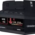 Uniden radar detector displaying NE direction and 24.150 GHz frequency with menu,   mute/dim,   and mark buttons