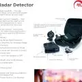 R8 Radar Detector advertisement showcasing Bluetooth app capability, laser jammer option, dual antenna, GPS updates, and more.