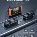 AstroAI battery jump starter connected to toy cars highlighting compatibility with motorcycles,   SUVs,   cars,   trucks,   and trailers