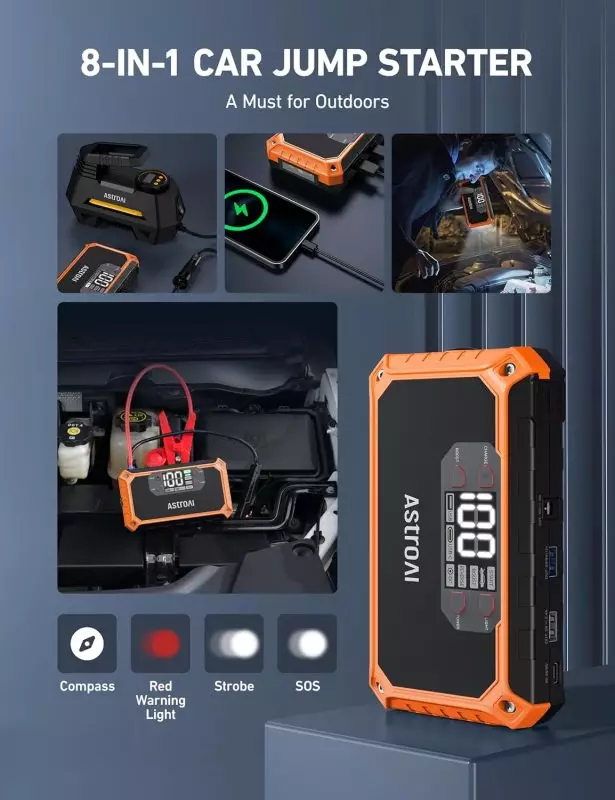AstroAI 8-in-1 Car Jump Starter for Emergency and Outdoor Use AstroAI 8-in-1 jump starter showing car jump start, phone charging, flashlight, and emergency features