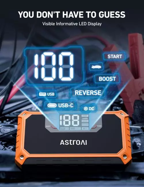 AstroAI jump starter with LED display showing start, boost, USB, USB-C, and DC outputs