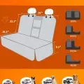 Universal car seat cover advertisement showing dimensions and compatibility with various vehicle types including limousines,   family cars,   SUVs,   and small trucks