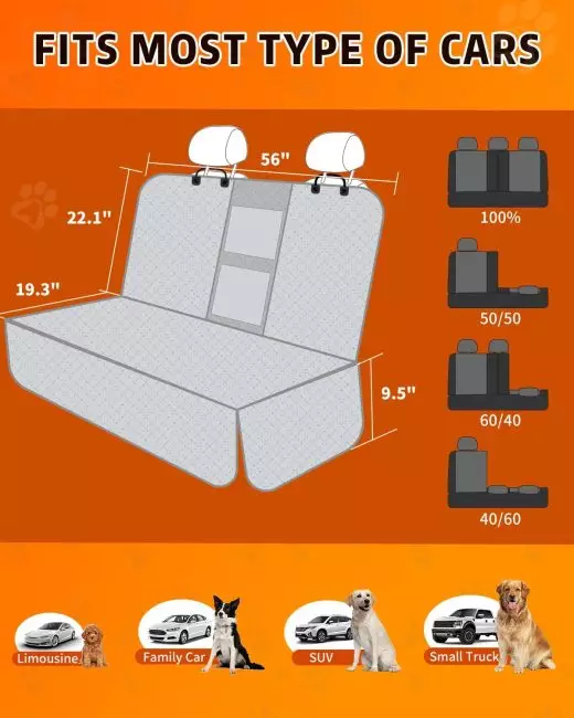 Universal car seat cover advertisement showing dimensions and compatibility with various vehicle types including limousines, family cars, SUVs, and small trucks