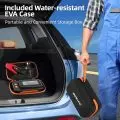 Person holding a water-resistant EVA case with car trunk displaying portable storage box and organized kit