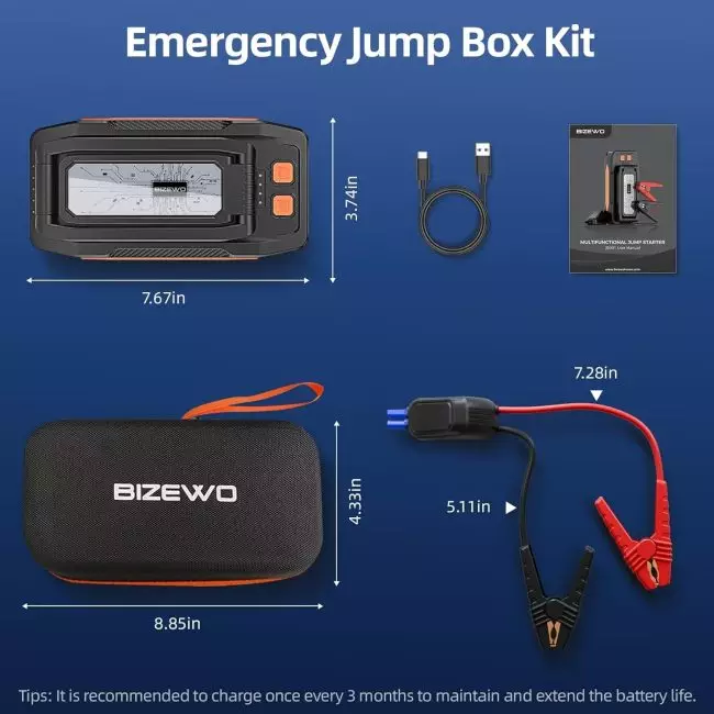 Emergency Jump Box Kit featuring a jump starter device, USB cable, battery clamps, user manual, and carrying case.