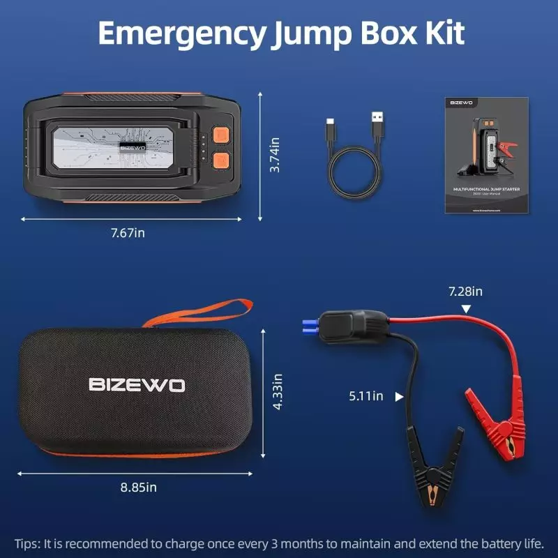 Versatile Emergency Jump Box Kit with Battery Life Tips Emergency Jump Box Kit featuring a jump starter device, USB cable, battery clamps, user manual, and carrying case.