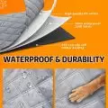 Close-up view of a waterproof and durable fabric,   highlighting its multilayer construction including 600D Oxford fabric,   high-quality PP cotton,   100% waterproof 210D fabric,   and PVC non-slip rubber backing,   designed to prevent scratches and water penetration,   with a dog's paw and water droplets demonstrating its features.