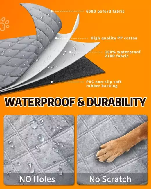Close-up view of a waterproof and durable fabric, highlighting its multilayer construction including 600D Oxford fabric, high-quality PP cotton, 100% waterproof 210D fabric, and PVC non-slip rubber backing, designed to prevent scratches and water penetration, with a dog's paw and water droplets demonstrating its features.