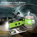 Portable emergency radio with 4000mAh Li-ion battery,   hand crank,   flashlight,   charging phone in storm scenario