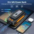 59.2 Wh power bank charging a smartphone and tablet,   featuring USB 3.0,   USB 2.0,   and Type C ports,   with wireless earbuds nearby.