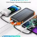 Solar-powered portable charger with 45,  800mAh capacity charging smartphones and earbuds