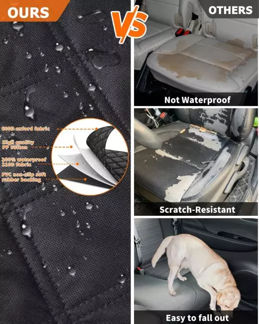 Comparison of car seat covers: waterproof with high-quality materials versus non-waterproof with visible damage