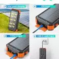 Image of a solar power bank showing solar panel, iOS, Type-C, and USB-A charging methods.