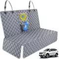 Gray quilted car seat cover on a back seat,   featuring two storage pockets with a yellow frisbee and a dog design blue bag,   straps securing it to headrests.