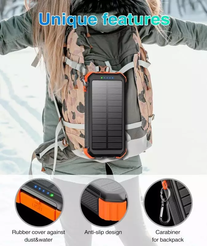 Durable Solar-Powered Backpack Device for Adventurers Person with backpack featuring a solar-powered device, showcasing a rubber cover, anti-slip design, and carabiner attachment