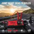 Jump starter power bank connected to a car battery,   with 92% power,   compatible with 12V systems for 10.0L diesel and 12.0L gas engines
