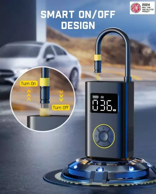 Smart air compressor device with digital display showing 036, featuring an on/off design and control buttons, highlighted as a 2024 SEMA recognized product