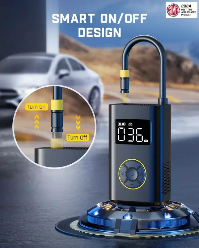 Innovative Smart Air Compressor with Digital Display – 2024 SEMA Approved Smart air compressor device with digital display showing 036, featuring an on/off design and control buttons, highlighted as a 2024 SEMA recognized product