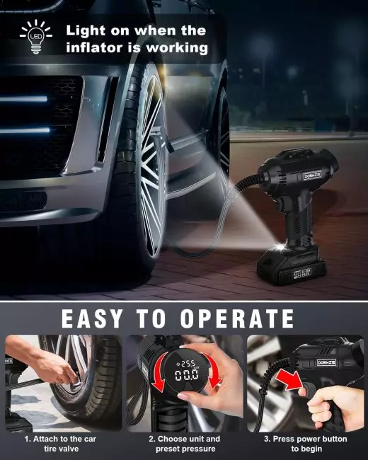 Portable tire inflator connected to a car tire valve, showing LED light in use with easy operation steps displayed below