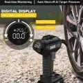 Cordless air compressor connected to a vehicle tire, featuring a 20V lithium battery pack, real-time pressure monitoring, and auto shut-off