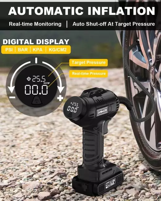 Cordless air compressor connected to a vehicle tire, featuring a 20V lithium battery pack, real-time pressure monitoring, and auto shut-off