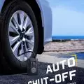 Car tire branded GitiComfort T20 connected to an air pump with digital display showing pressure and auto shut-off feature,   awarded by SEMA in 2024.
