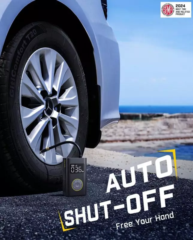 Efficient Tire Inflation with GitiComfort T20 and Auto Shut-Off Pump Car tire branded GitiComfort T20 connected to an air pump with digital display showing pressure and auto shut-off feature, awarded by SEMA in 2024.
